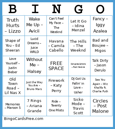 Ehaus Music Round 1 (2010s Hits) Bingo Card