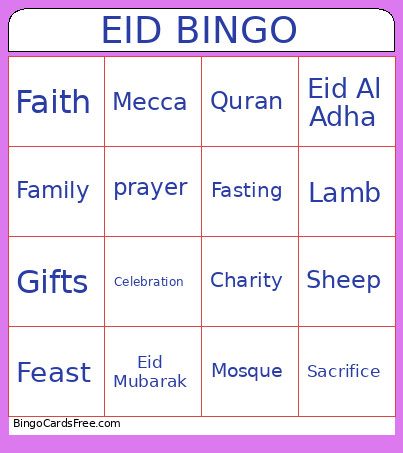 EID Al Adha Bingo Card