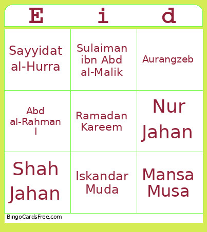 Eid Mubarak Bingo Card