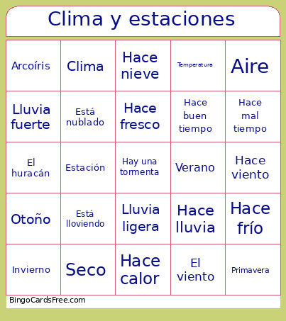 El Clima Y Las Estaciones Bingo Card