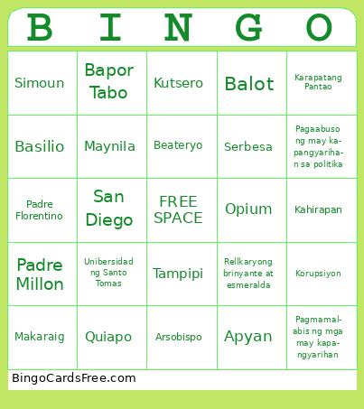 El Filibusterismo Bingo Cards Free Pdf Printable Game, Title: BINGO
