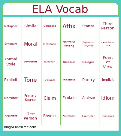 ELA Vocab Bingo Card