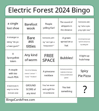 Electric Forest 2024 Bingo Cards Free Pdf Printable Game, Title: Electric Forest 2024 Bingo