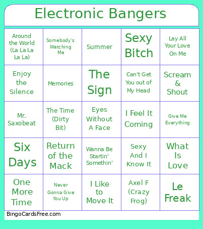 Electronic Bangers Bingo Card