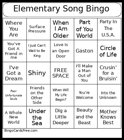 Elementary Song Bingo Card