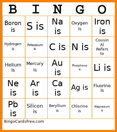 Elements 1-20 Plus 5 Bingo Card