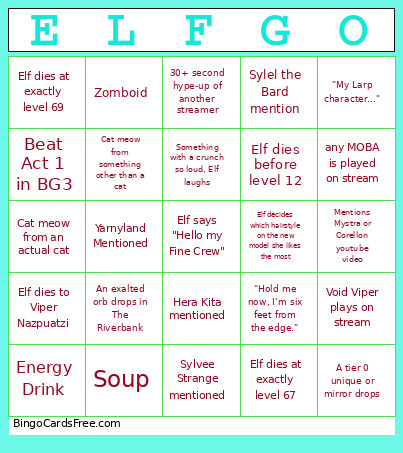 Elf Stream Subathon Bingo Card