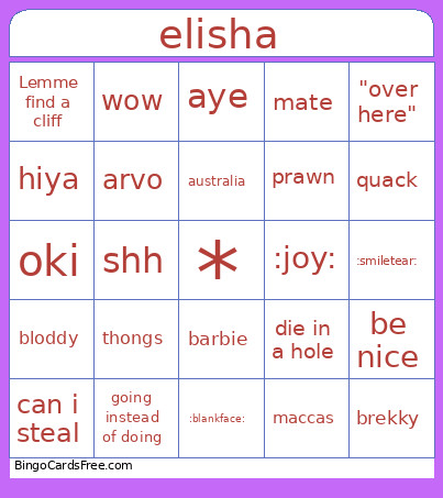 Elisha Bingo Card