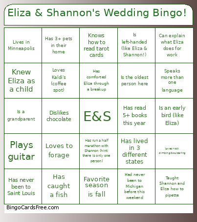 Eliza & Shannon's Wedding ! Bingo Card
