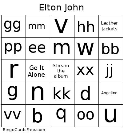 Elton John Bingo Card