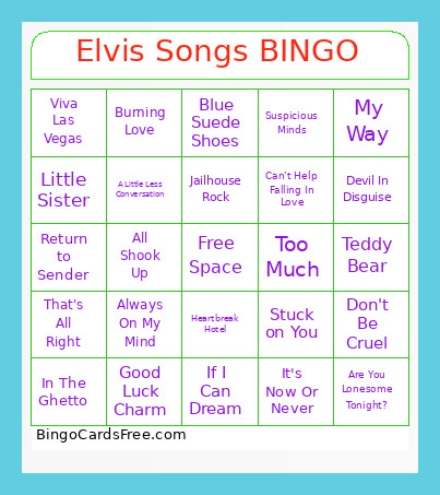 Elvis Presley Songs Bingo Card