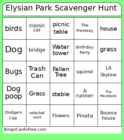 Elysian Park Scavenger Hunt Bingo Card