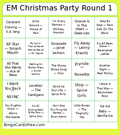 EM Christmas Party Round 1 Bingo Card