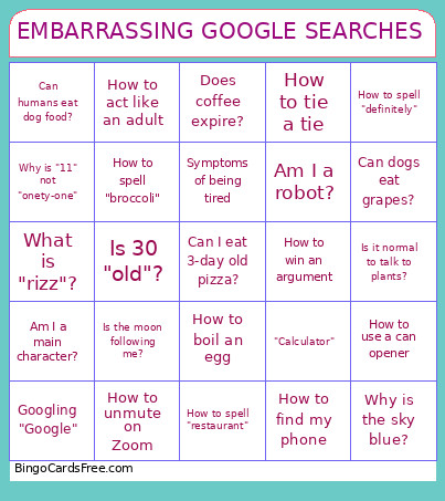 EMBARRASSING GOOGLE SEARCHES Bingo Card