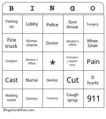 Emergencies and Hospitals Bingo Cards Free Pdf Printable Game, Title: BINGO