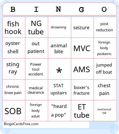 Emergency Room Bingo Cards Free Pdf Printable Game, Title: BINGO