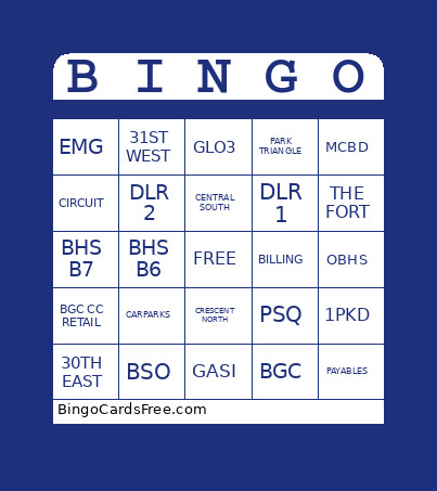 EMG Carparks Bingo Card