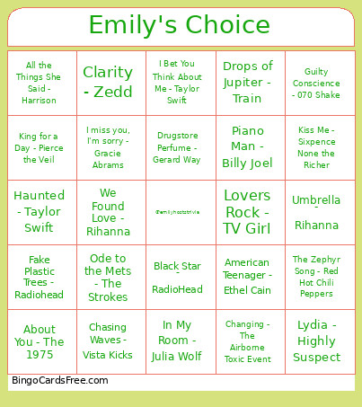 Emily's Choice Bingo Card