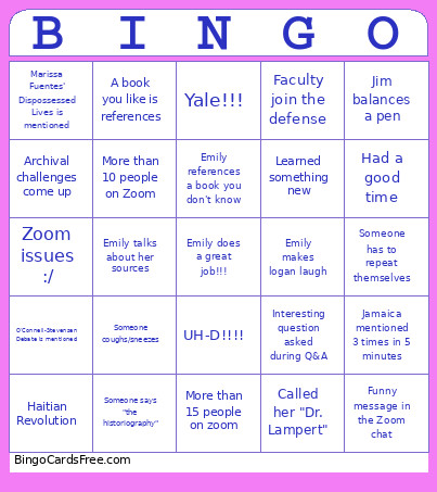 Emily's Defense Bingo Card