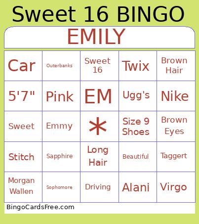 Emily's Sweet 16  Bingo