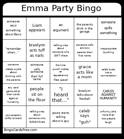 Emma Party Bingo Card