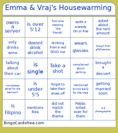 Emma & Vraj's Housewarming Bingo Card