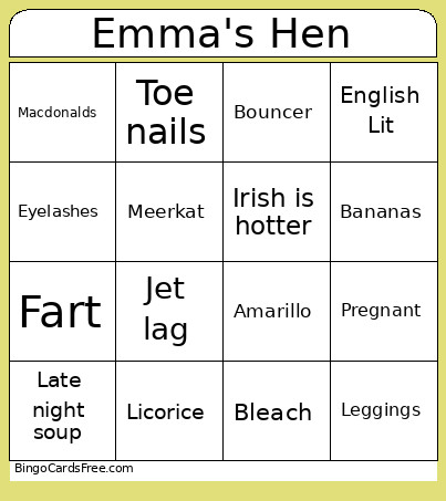 Emma's Hen Bingo Card