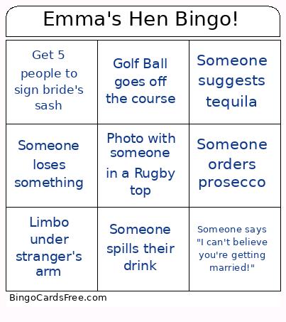 Emma's Hen Bingo Cards Free Pdf Printable Game, Title: Emma's Hen Bingo!