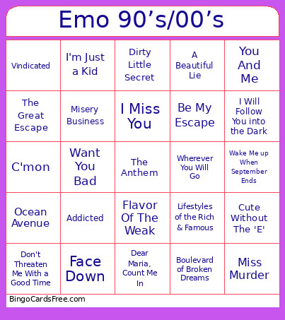 Emo 90’s/00’s Bingo Card