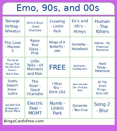 Emo, 90s, And 00s Bingo Card
