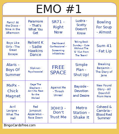 Emo #1 Bingo Card