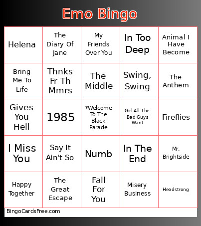 Emo Bingo Card