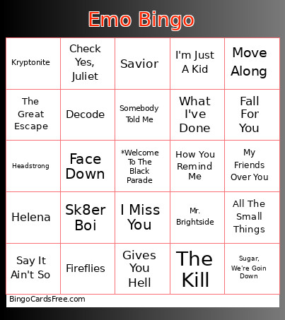 Emo Bingo Card