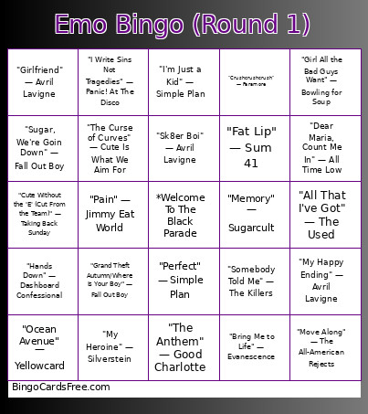 Emo (Round 1) Bingo Card