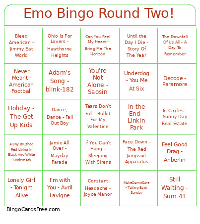 Emo Round Two! Bingo Card