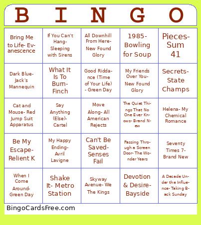 Emo Karaoke Bingo Cards Free Pdf Printable Game, Title: BINGO