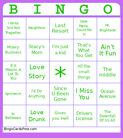 EMO Karaoke Bingo Card