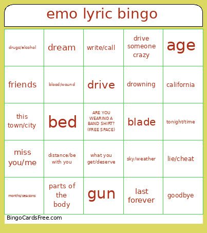 Emo Lyric Bingo Card