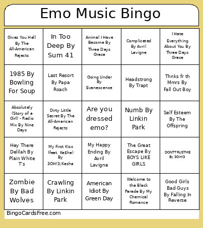 Emo Music Bingo Card