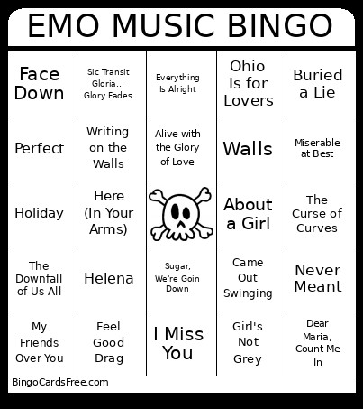 Emo Music Bingo Card