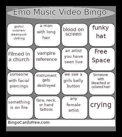 Emo Music Video Bingo Card