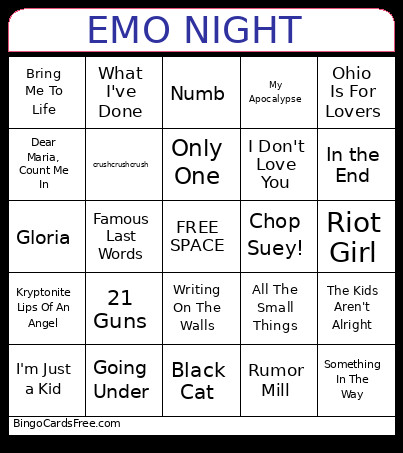 Emo Night Bingo Card