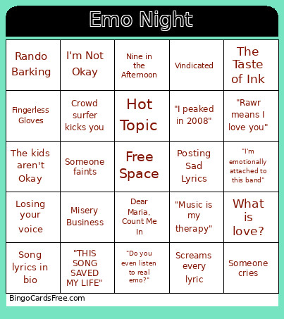 Emo Night Bingo Card