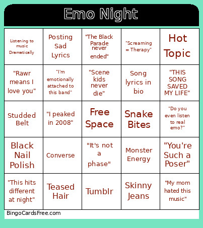 Emo Night Bingo Card