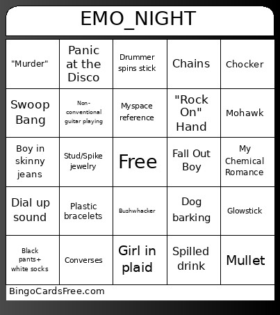 Emo Night Bingo Card