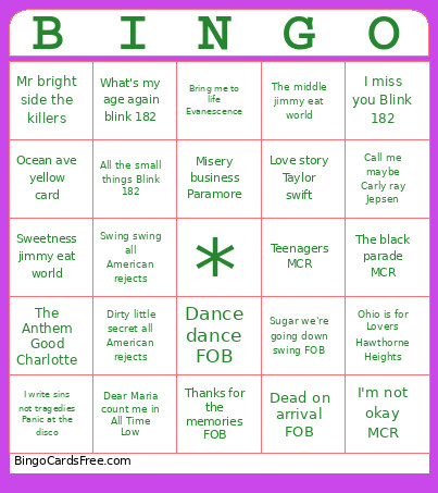 Emo Night Bingo Card