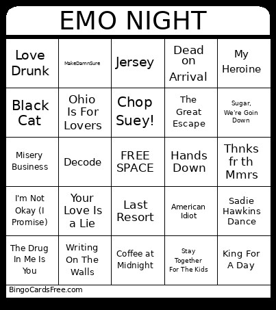 Emo Night Bingo Card