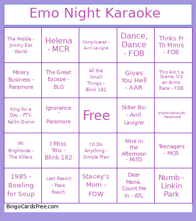 Emo Night Karaoke Bingo Card 2