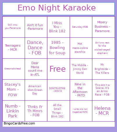 Emo Night Karaoke Bingo Card
