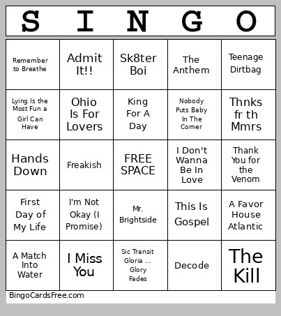 Emo Singo #2 Bingo Card